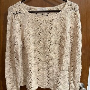 LOFT Cream Open Knit Crew Neck Sweater